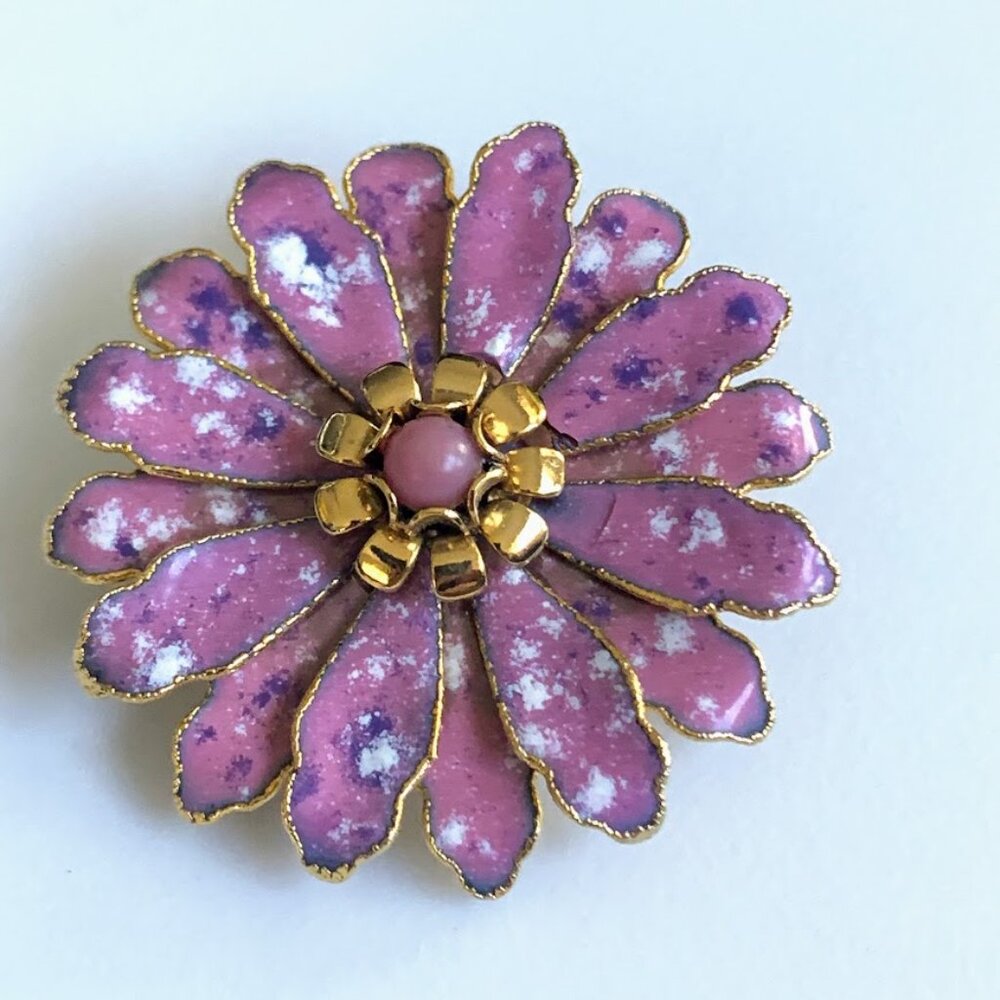 Vintage Pink Purple Splatter Confetti Enamel Painted Daisy Flower Brooch